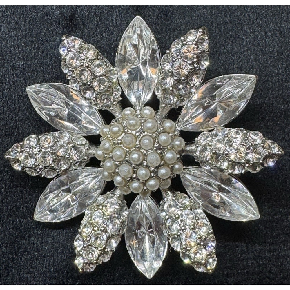 Vintage Floral Brooch Rhinestone Faux Pearl Silver Tone Statement Pin